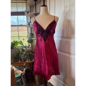 Lilac & London Silk Lace Trim Slip Dress Nightie M Red V-Neck Cami